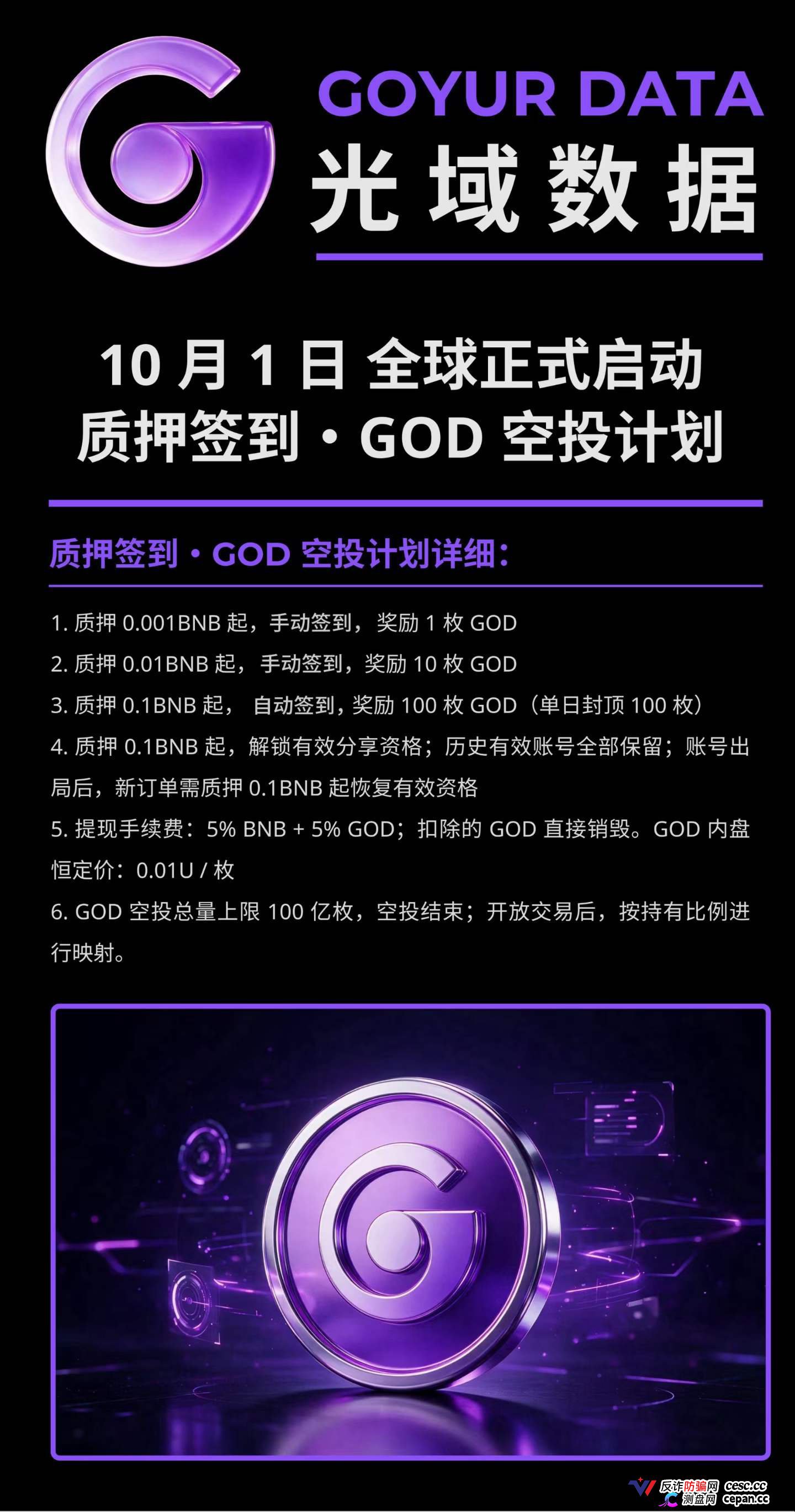 紧急预警｜“光域数据GOD”：质押0.5BNB抢节点，提现扣5%BNB+5%GOD，拿回来的是空